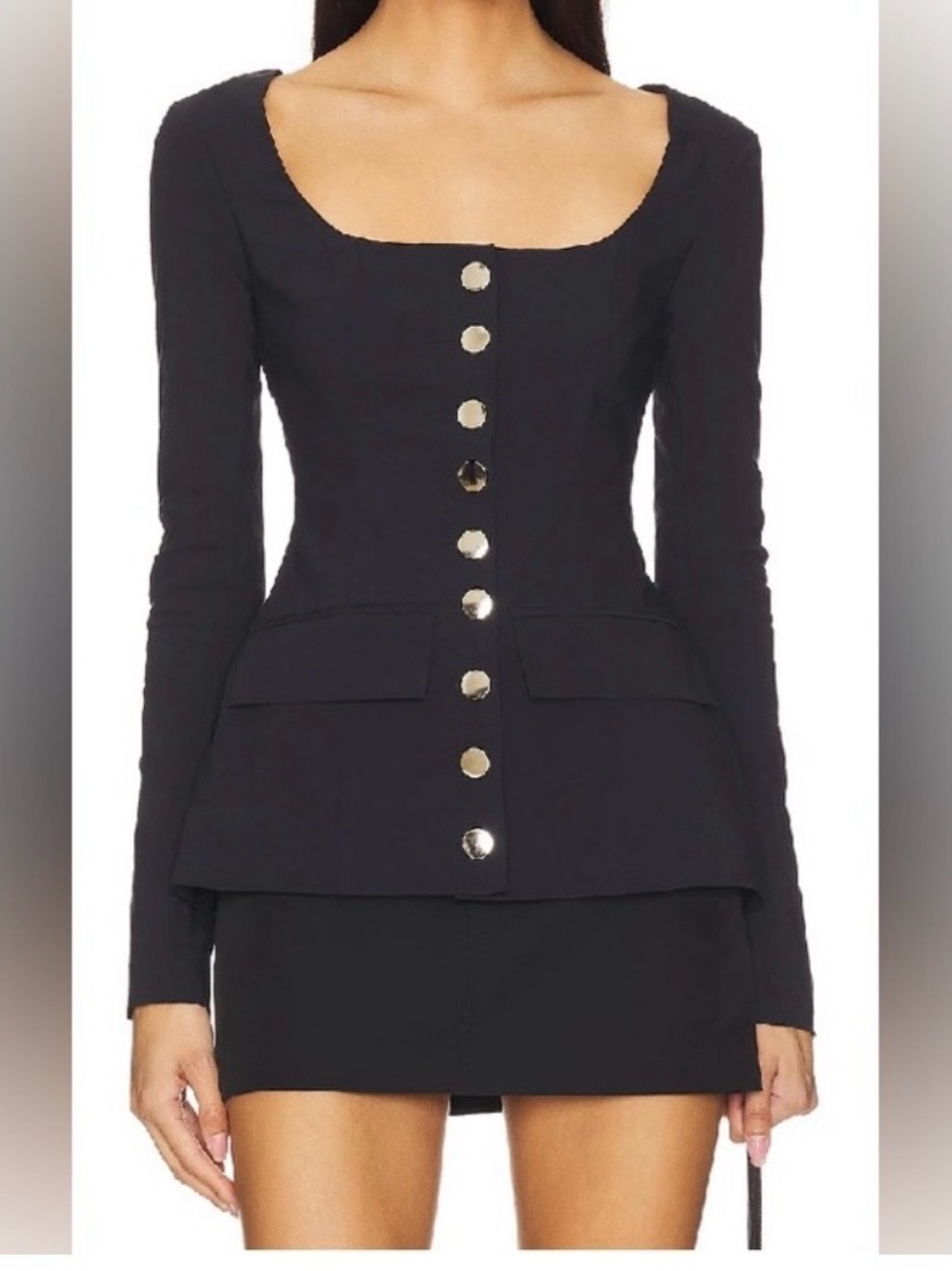 We wore what Black Long-Sleeve Square Neck Peplum Dress with Gold Buttons